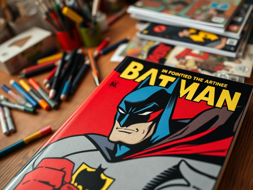 На изображении comic-книга о Бэтмене на столе с карандашами и другими материалами для рисования.