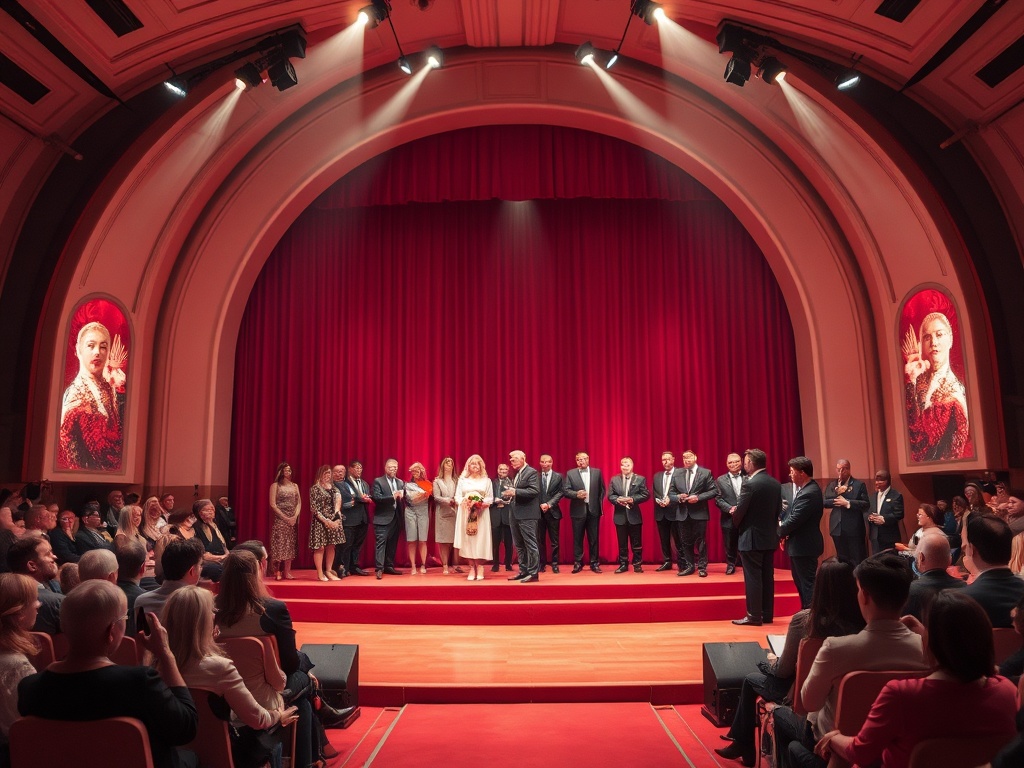 На сцене стоят люди в formal одежде, по обе стороны от женщины с букетом. Красная штора и подсветка создают торжественную атмосферу.