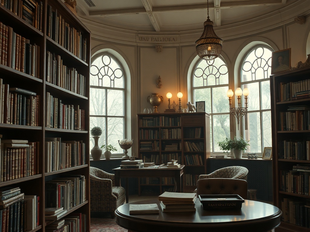 Тёмный уютный библиотечный интерьер с двумя рядами книжных полок и большими окнами.