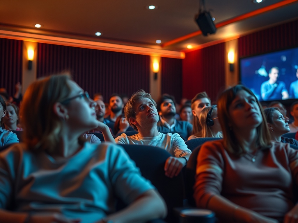 Группа людей в кинотеатре смотрит фильм, погруженные в просмотр. Тихая атмосфера и внимательные лица.