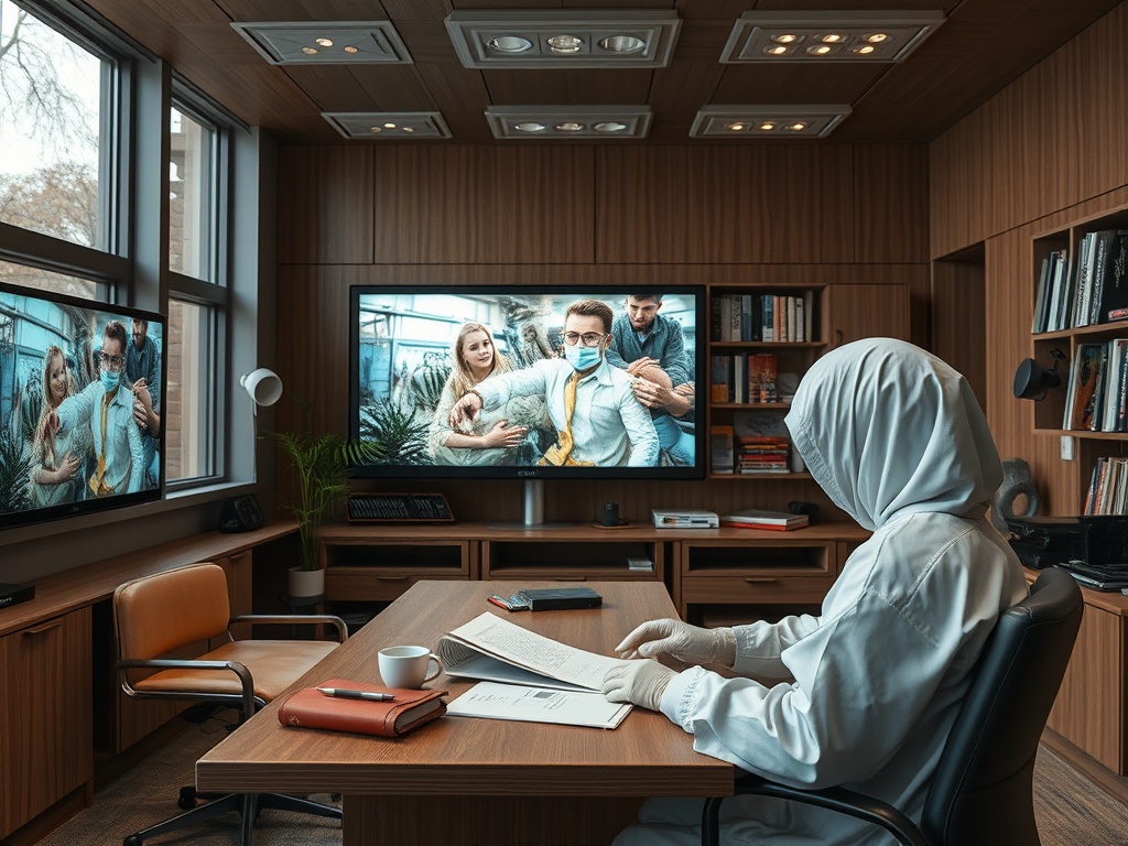 Врач в защитной одежде смотрит на экраны с изображениями людей в масках в уютном кабинете.