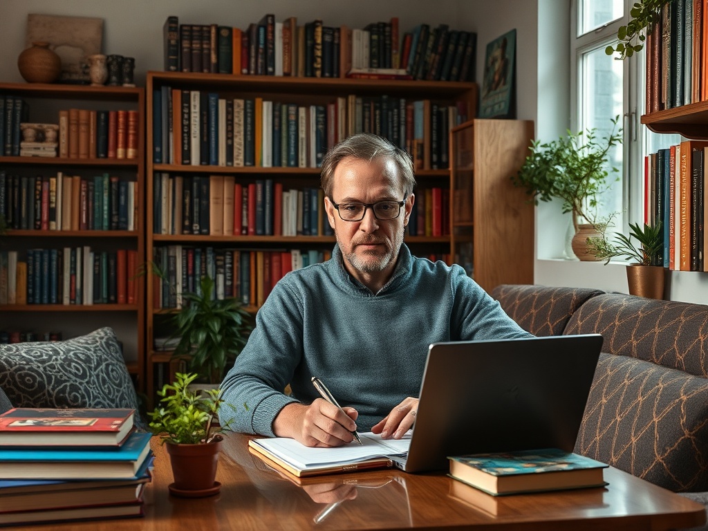 На изображении сидит человек в свитере, работающий за столом с ноутбуком и книгами. В комнате много книг.