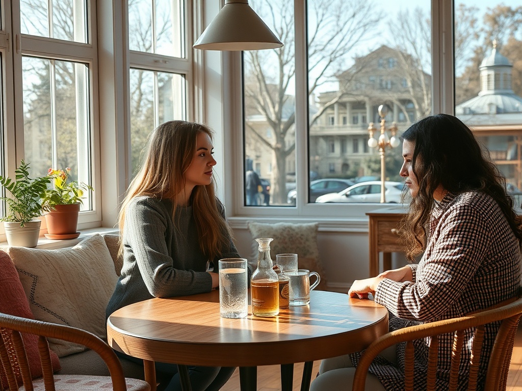 Две женщины разговаривают за столом у окна, на столе стоят напитки и растения в горшках.