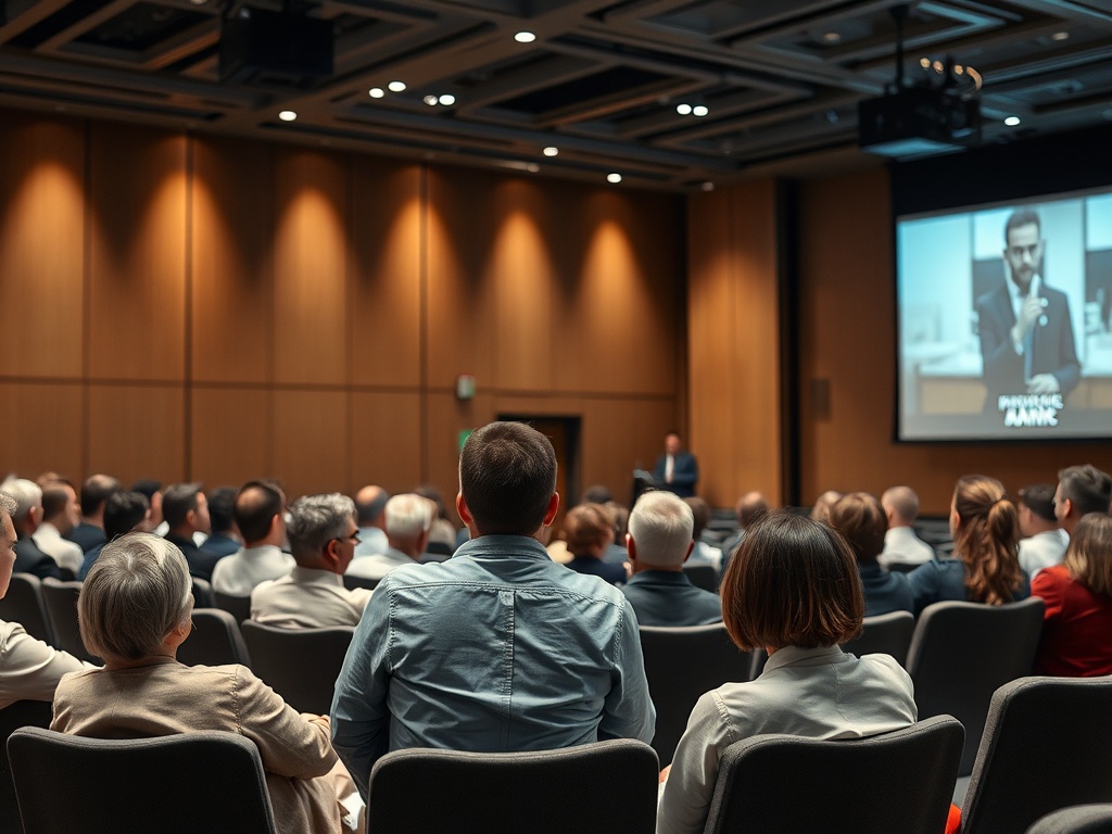 Аудитория на конференции внимательно слушает выступление спикера на экране.