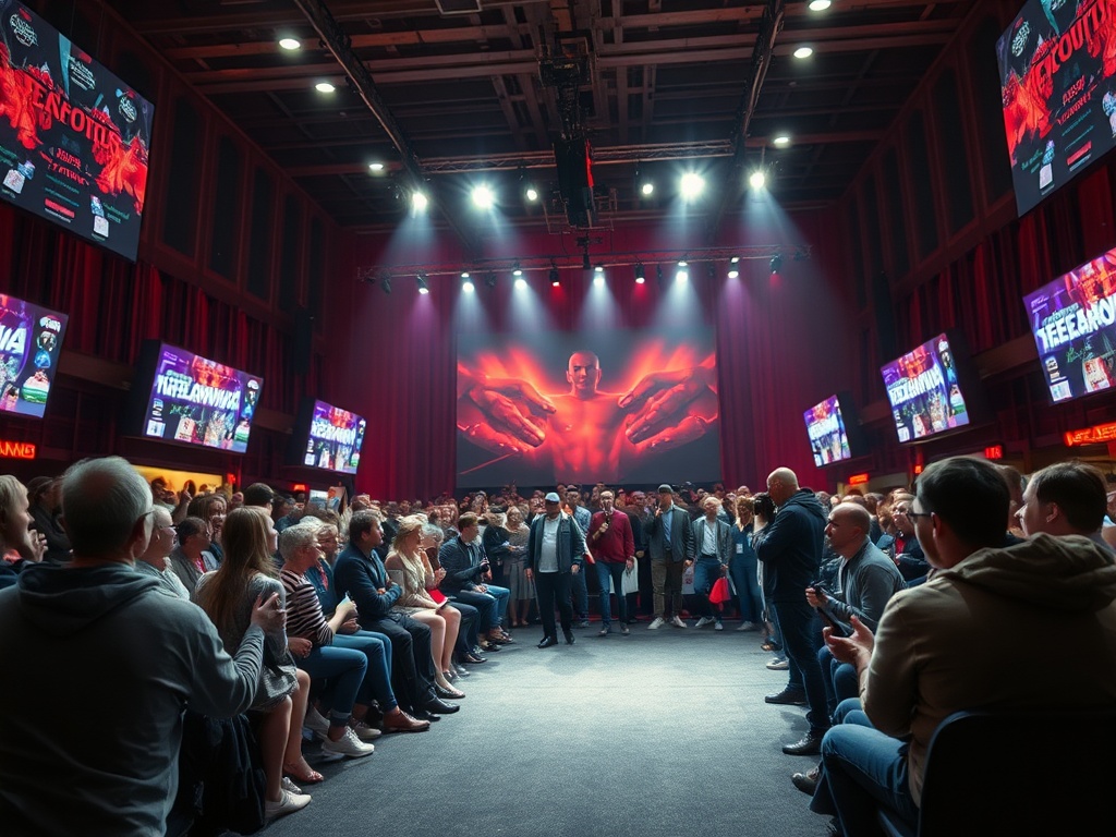 Сцена с толпой на мероприятии, освещенная яркими огнями, фоном — ультрасовременный экран.