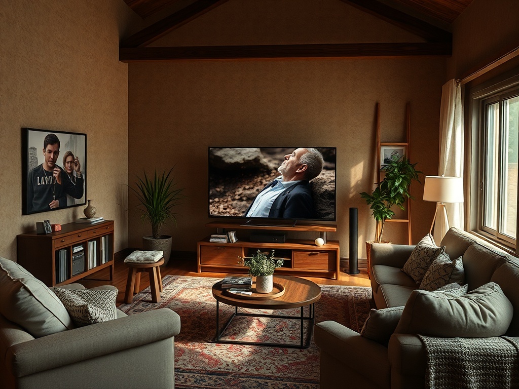 Уютная комната с телевизором, изображающим мужчину, и фотопортретами на стене. Комфортная мебель и растения.