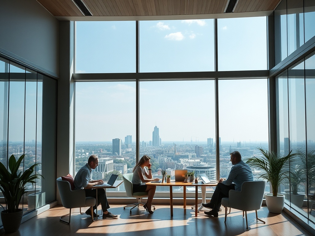 В офисе с панорамным окном трое людей ведут деловую встречу с видом на город.