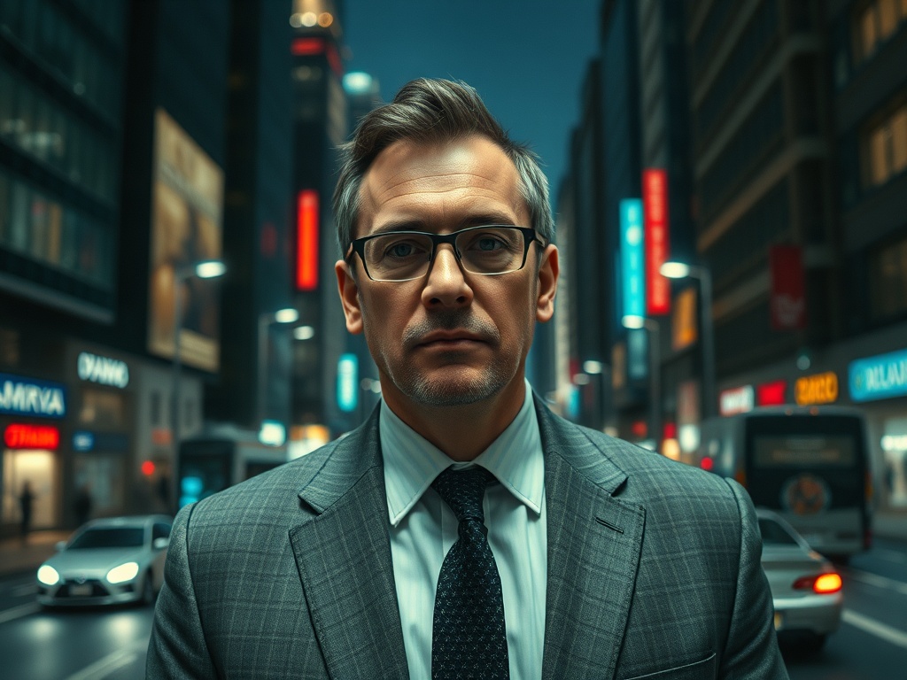 Портрет серьезного мужчины в костюме на фоне городских огней и движущегося транспорта.