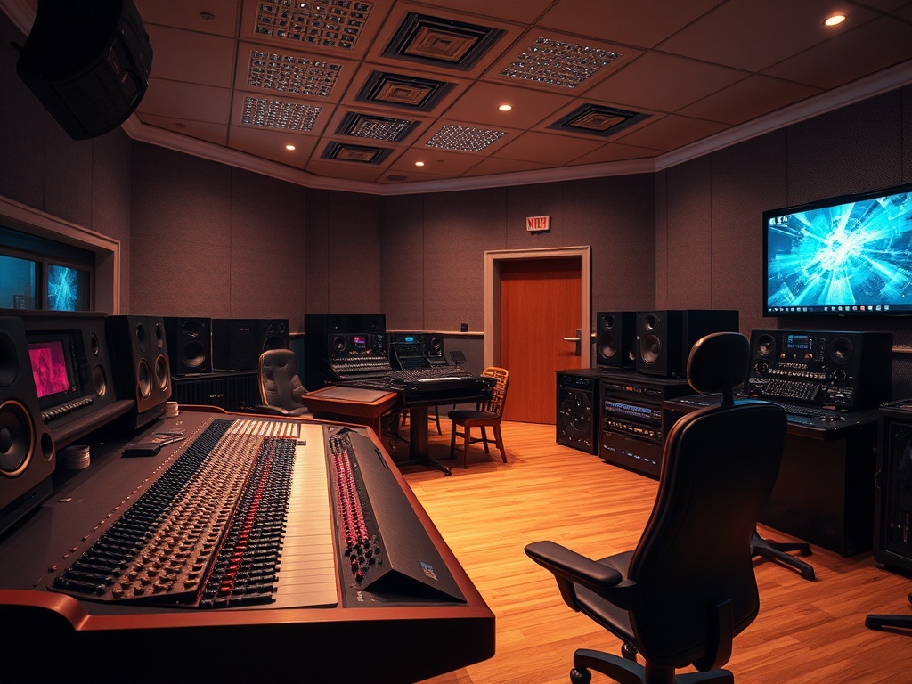 Звукозаписывающая студия с оборудованием для звукорежиссуры и комфортным интерьером.