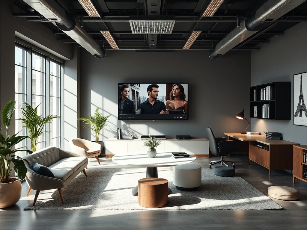 Современный интерьер комнаты с телевизором, мягкой мебелью и зелеными растениями. Светло и стильно оформлено.