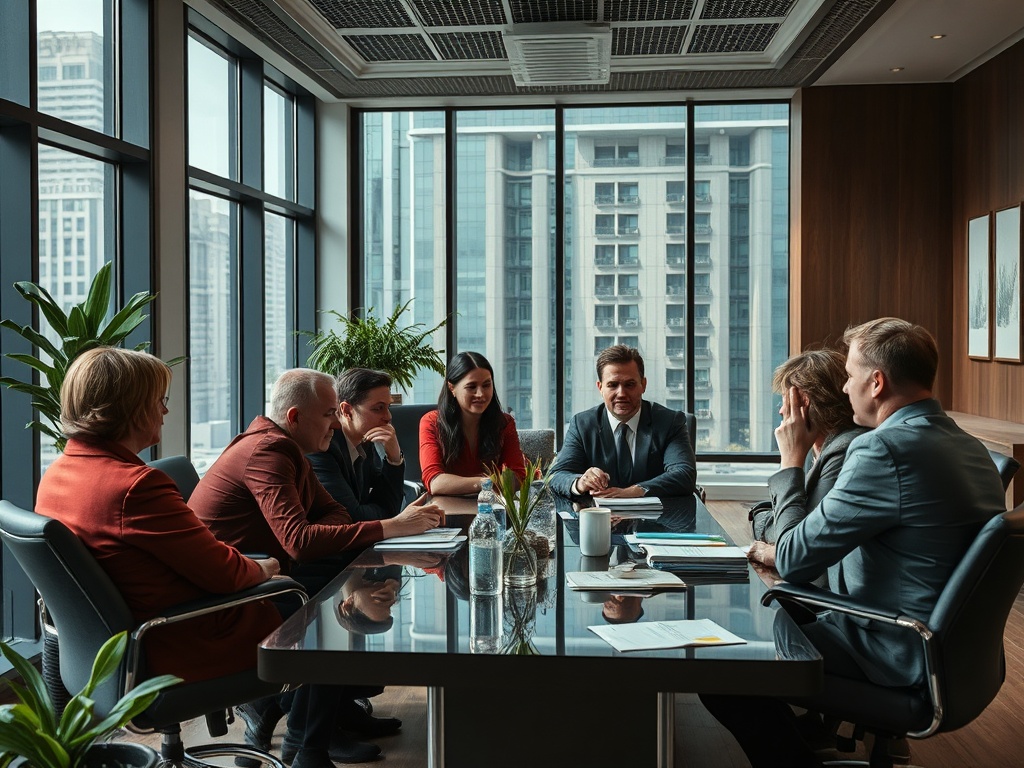 Группа бизнесменов обсуждает идеи на заседании в современном офисе с большими окнами.