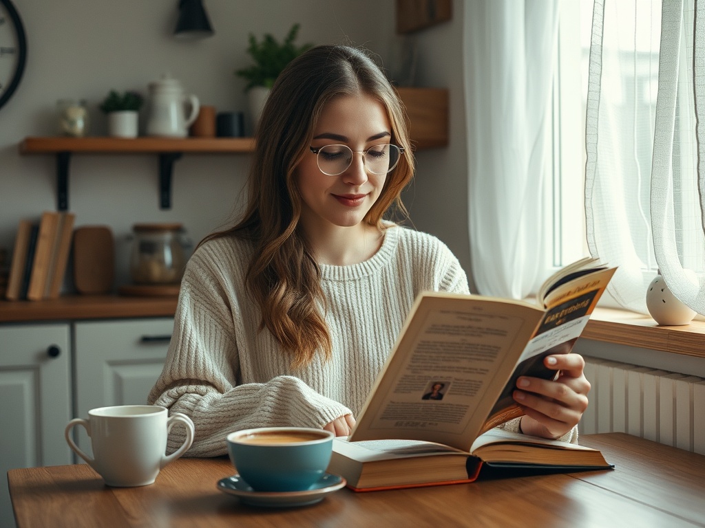 Девушка в свитере читает книгу за столом с чашкой кофе и чаем в уютной кухне у окна.