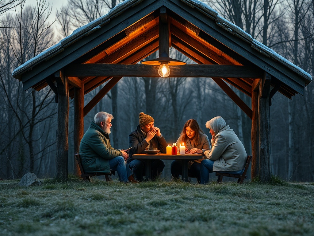 Четыре человека сидят за столом под крышей, вечер, свечи освещают их беседу. Лес вокруг без листьев.
