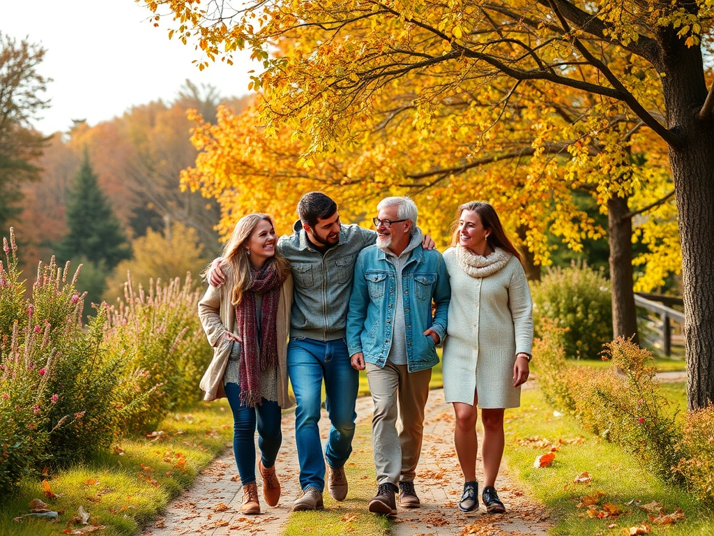 Группа из четырех людей гуляет по осеннему парку, окруженному яркими желтыми листьями.