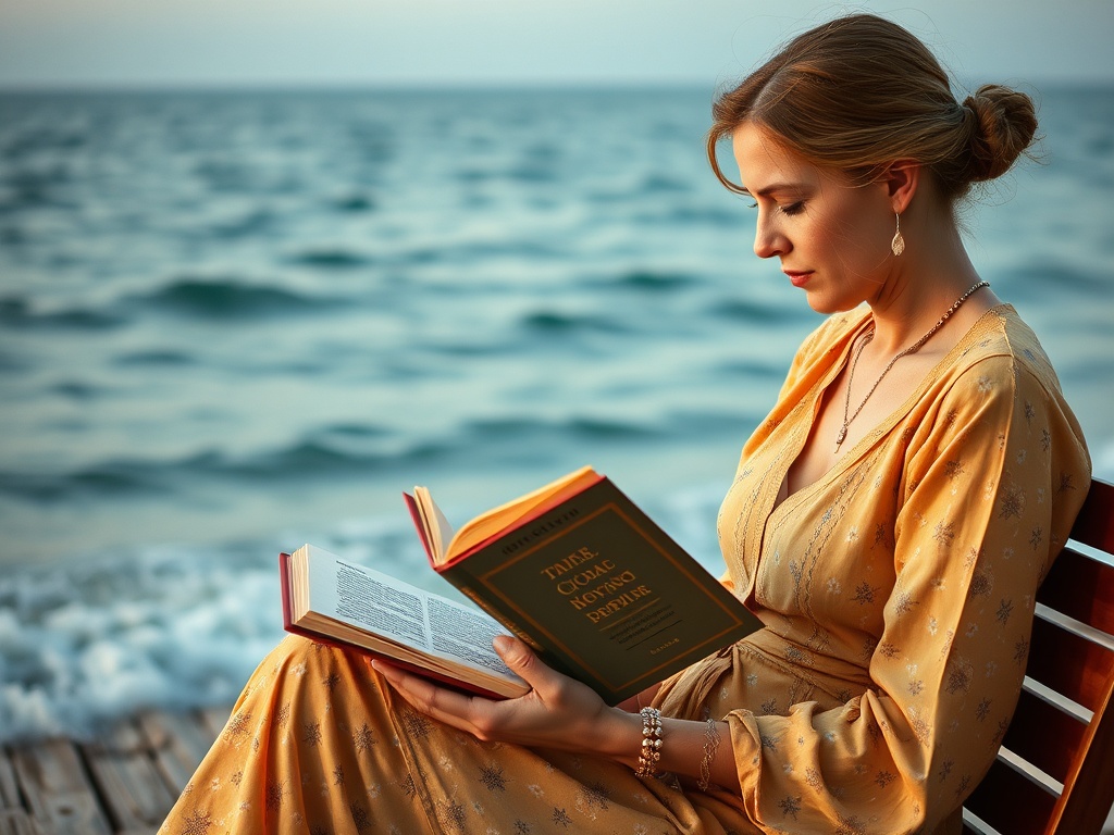 Женщина в желтом платье читает книгу у моря на деревянной скамейке, наслаждаясь закатом.