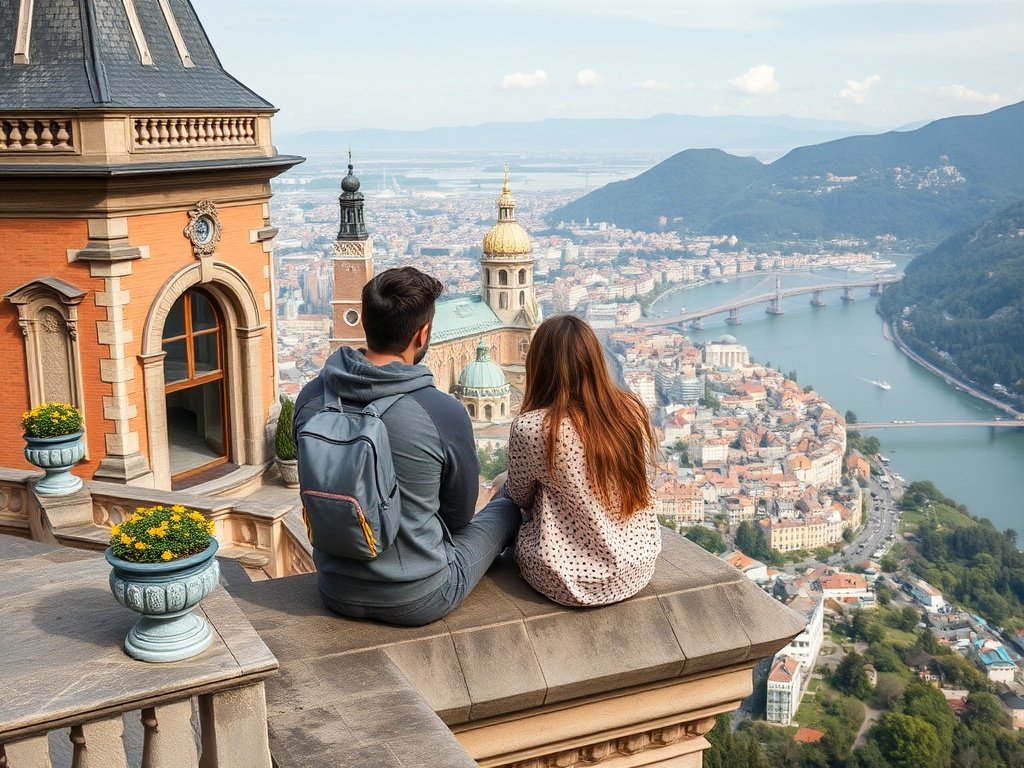 Парень и девушка сидят на краю террасы, глядя на город и реку, наслаждаясь прекрасным видом.
