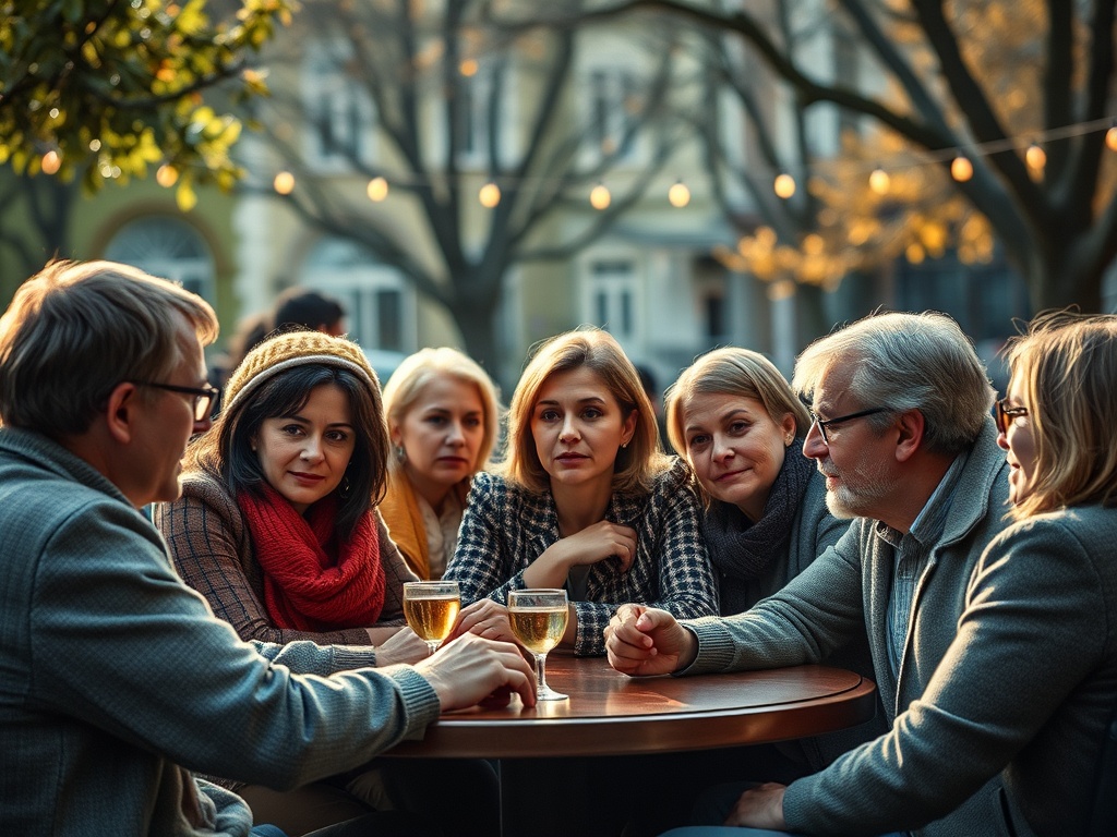 На встрече на улице группа людей обсуждает что-то за столом с напитками. Осень, светлое настроение.