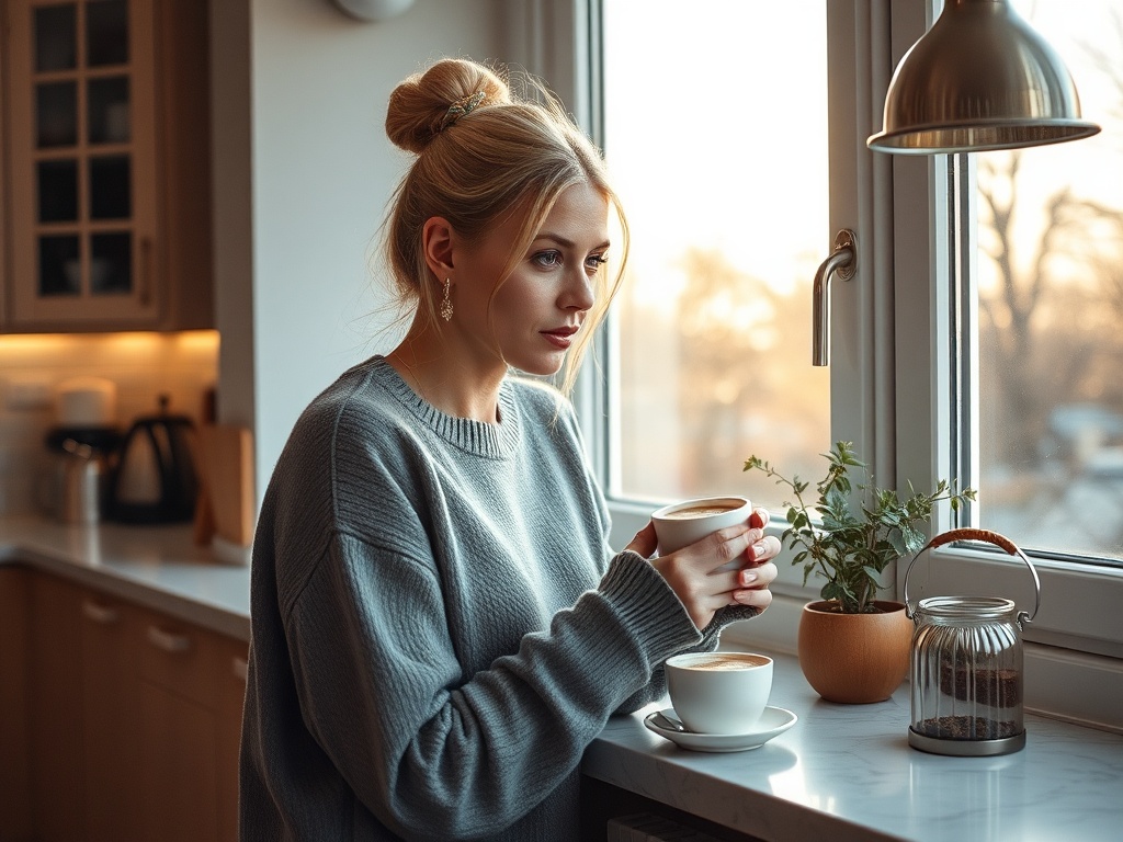 Девушка в свитере сидит у окна, держа чашку горячего напитка, смотрит на закат и уютные детали кухни.