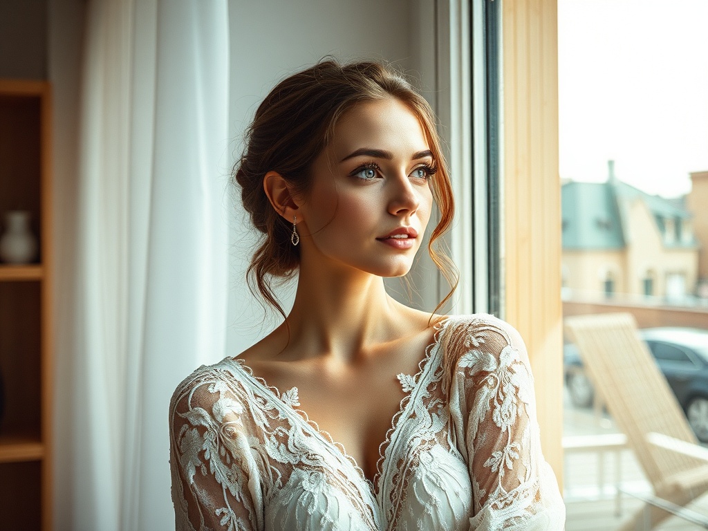 Молодая женщина в белом кружевном платье смотрит в окно, свет освещает её лицо.