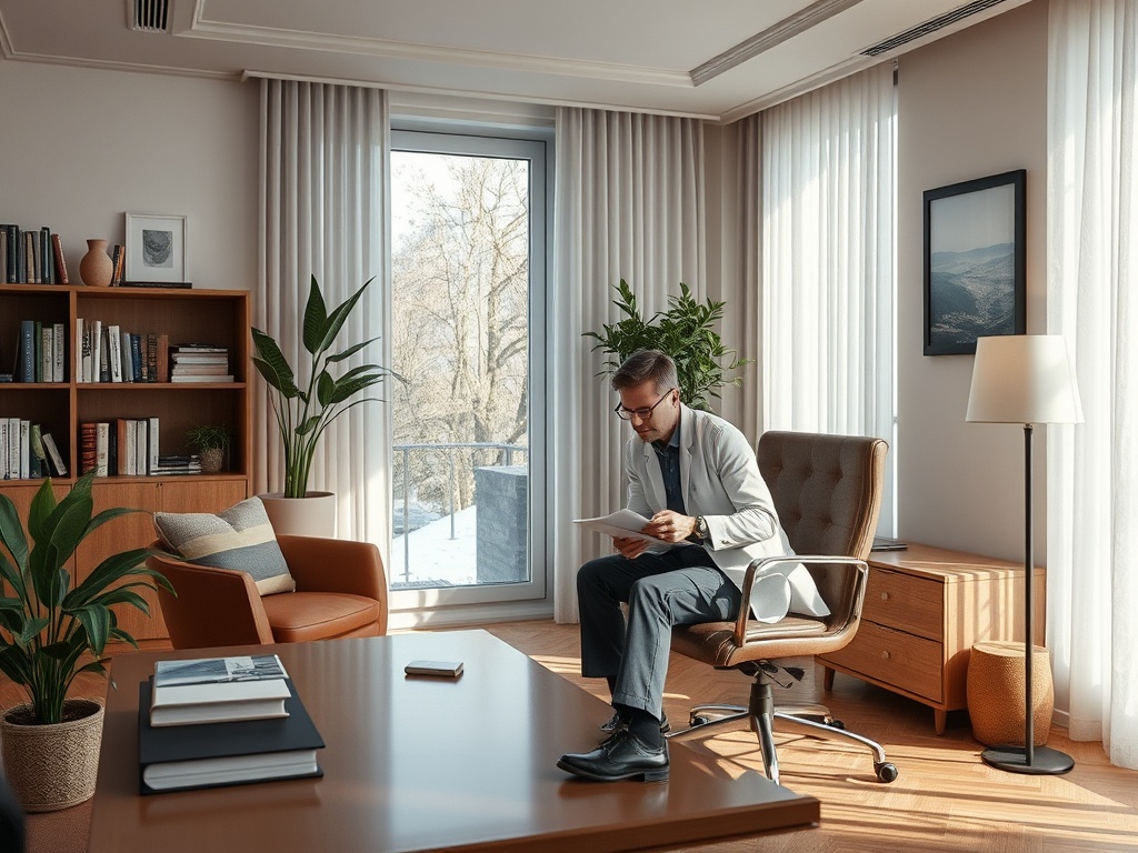 Мужчина в офисе читает документ, сидя в кресле. Книжный шкаф и окна с видом на улицу. Светлая, уютная обстановка.
