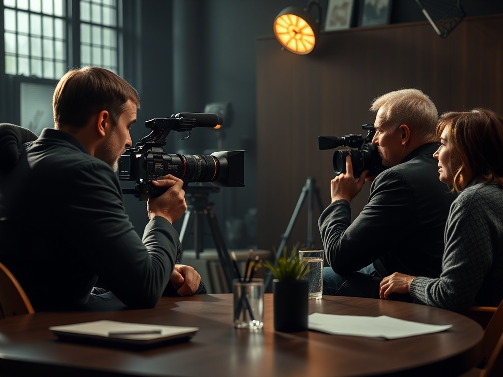 На изображении трое людей, снимающих с помощью камер в помещении с мягким светом.