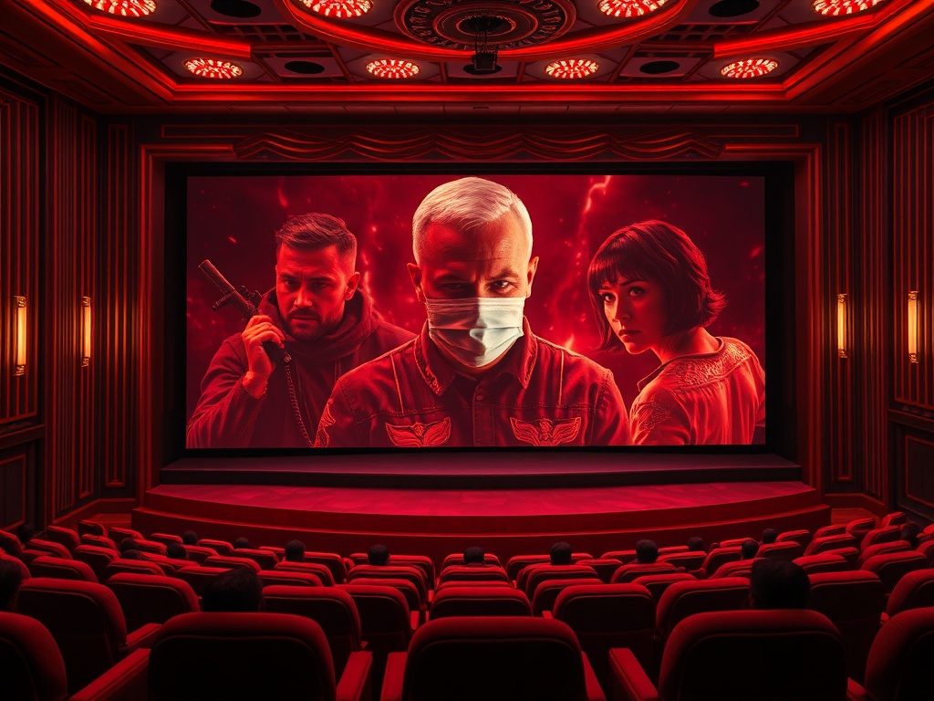 В кинотеатре на большом экране изображены три персонажа в красных тонах, зрители сидят в рядах.