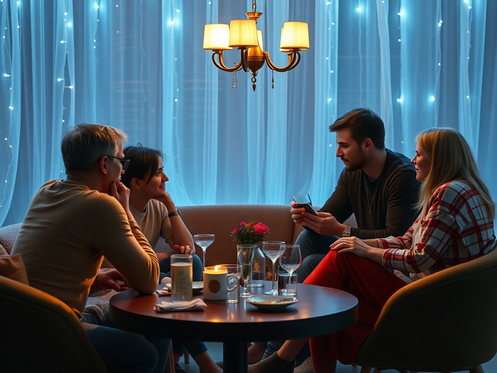 Четыре человека сидят за столиком в кафе, общаясь и наслаждаясь вечером с напитками и атмосферным освещением.