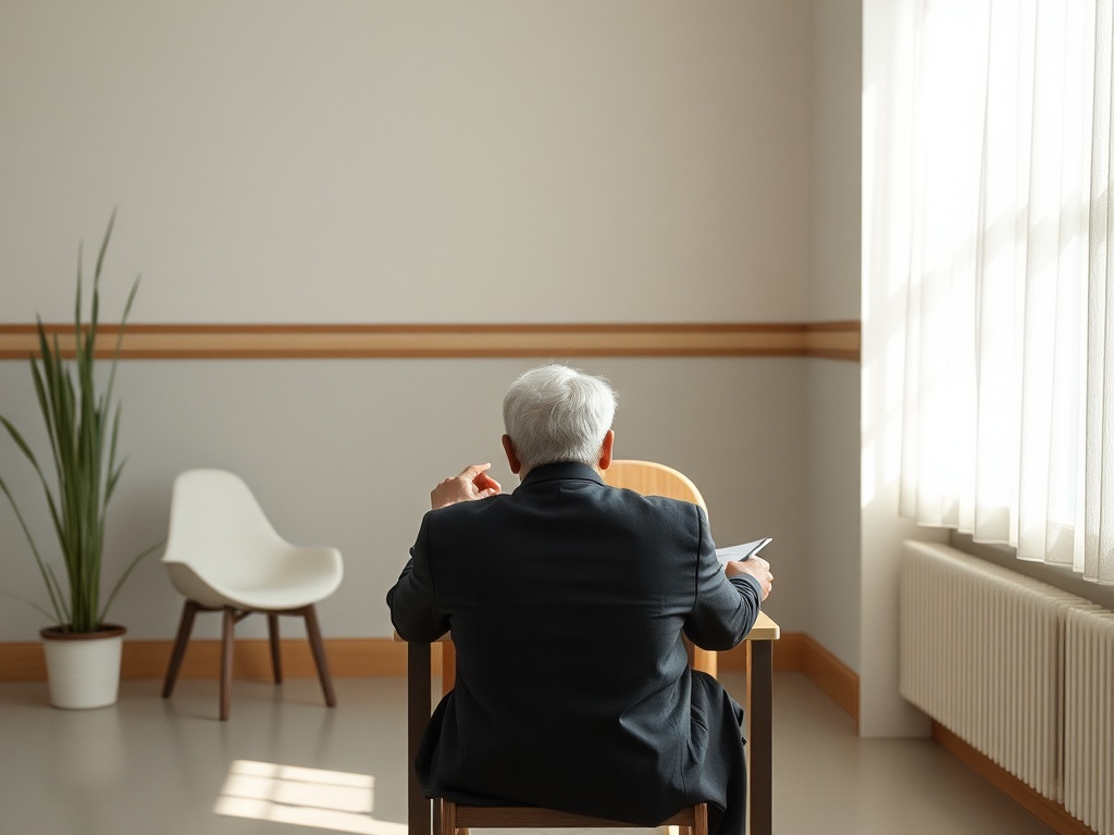 Старший мужчина сидит спиной в светлом помещении, держа в руках планшет. У окна светит солнце.