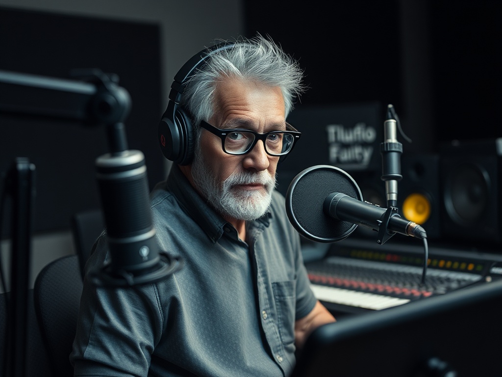 Пожилой мужчина с седой бородой и очками, сидит за столом с микрофоном и наушниками в студии.