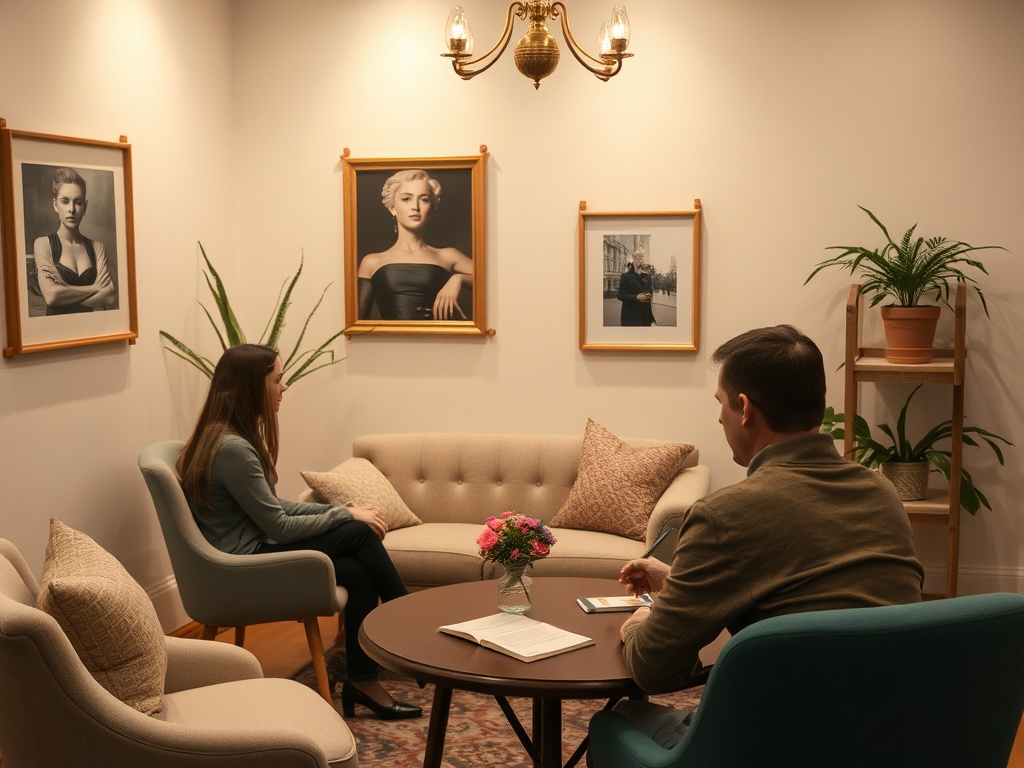 На изображении уютная комната, где двое людей беседуют. На стене висят черно-белые фотографии знаменитостей.