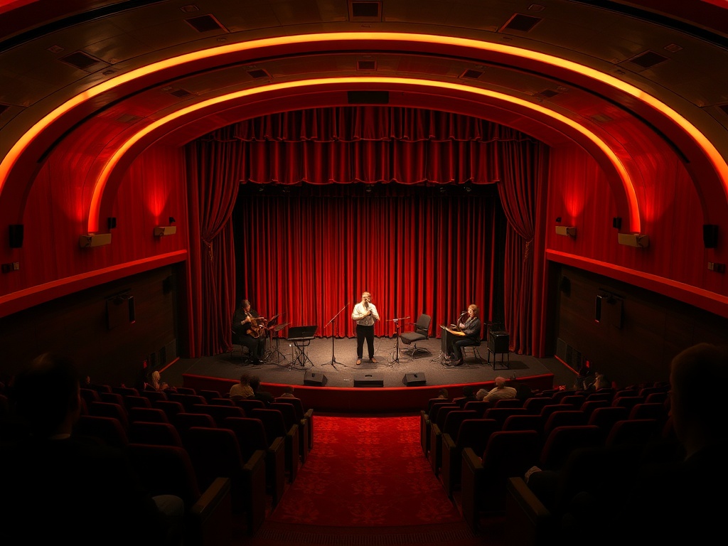 На сцене театра выступает артист, зрители в красных креслах смотрят на представление.