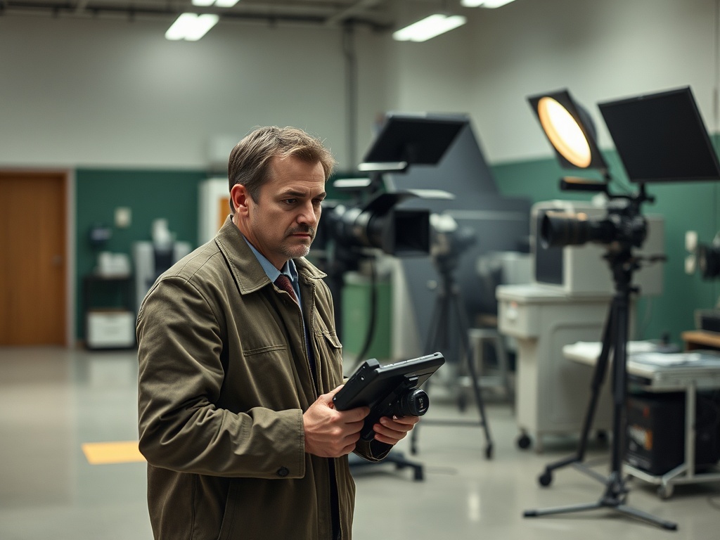 Мужчина в пиджаке стоит в комнате с фотооборудованием и держит планшет в руках, задумчивый взгляд.