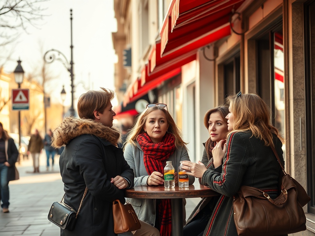 Четыре человека разговаривают за столиком на улице, наслаждаясь напитками и атмосферой.