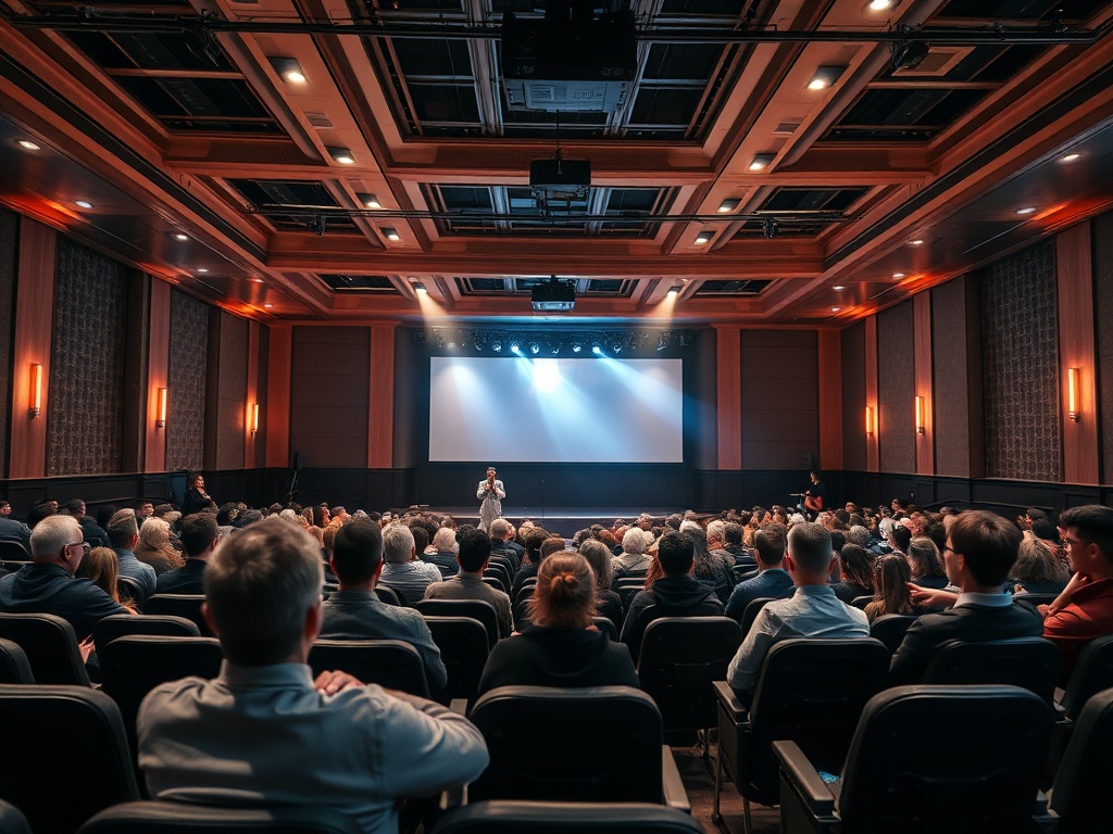 Зал кинотеатра, заполненный зрителями, смотрящими на сцену с выступающим человеком.