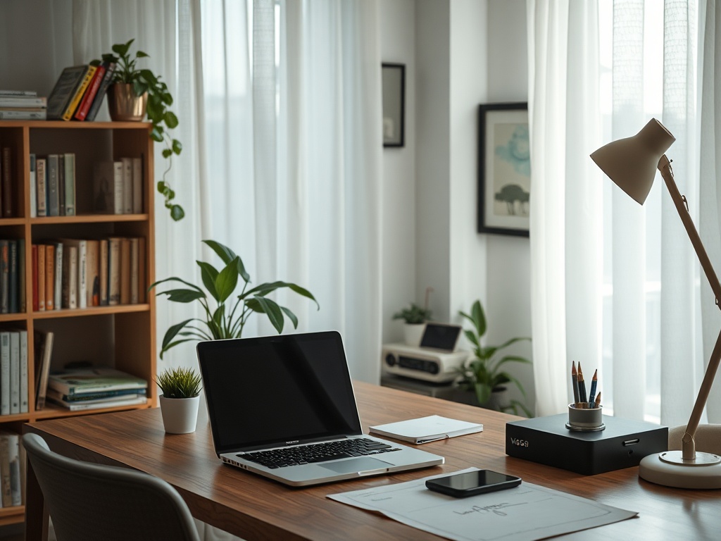 Современный офис с ноутбуком, нотами, растениями и уютной атмосферой. Светлые занавески на окнах.