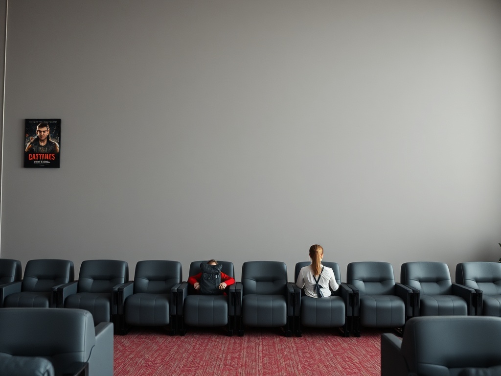 Два человека сидят на удобных креслах в пустом помещении, на стене висит постер.