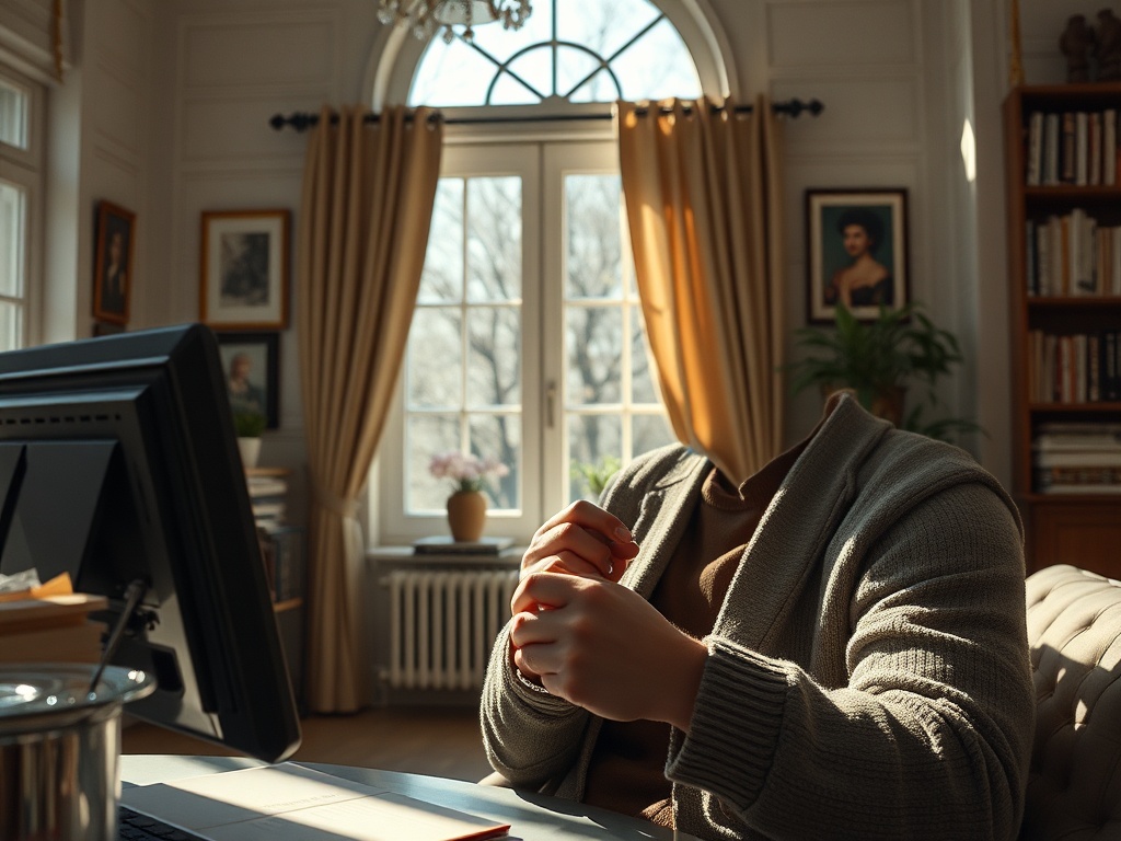 Человек в комнате с компьютером, без головы, сидит за столом, окруженный уютной обстановкой.