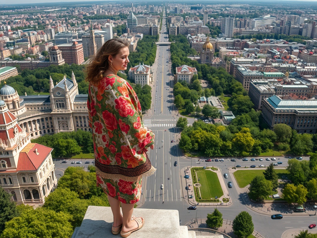 На фотографии женщина в цветном халате стоит на краю высотного здания и смотрит на город.