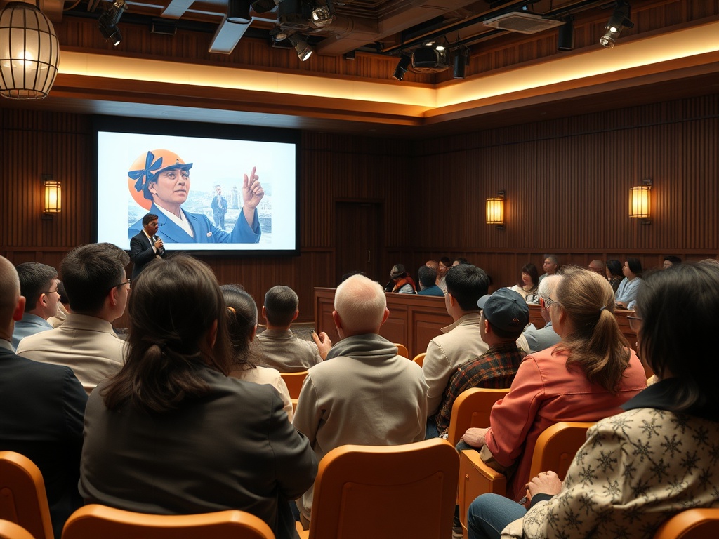 На встрече выступает мужчина, в фоне — экран с изображением женщины в оранжевой шляпе. Слушатели внимательно смотрят.