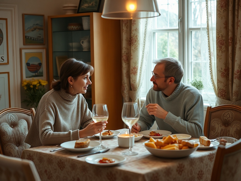 Вечеря за столом: пара общается, наслаждаясь вином и едой в уютной атмосфере. Окно с видом на природу.