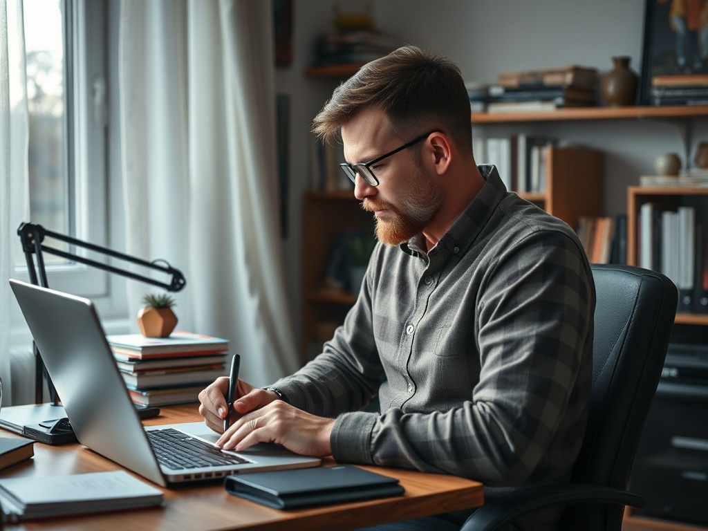 Мужчина с бородой работает за столом, используя ноутбук и записную книжку, в уютном офисе.