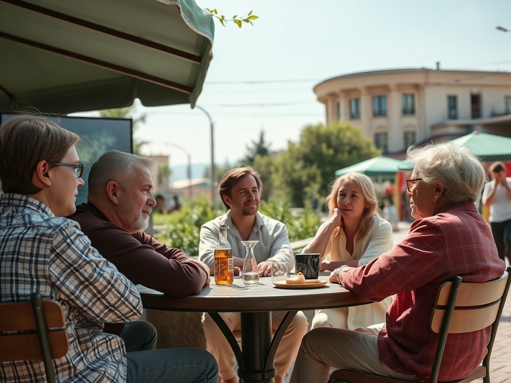 Компания друзей за столом в кафе на улице, наслаждаются беседой и теплом солнечного дня.