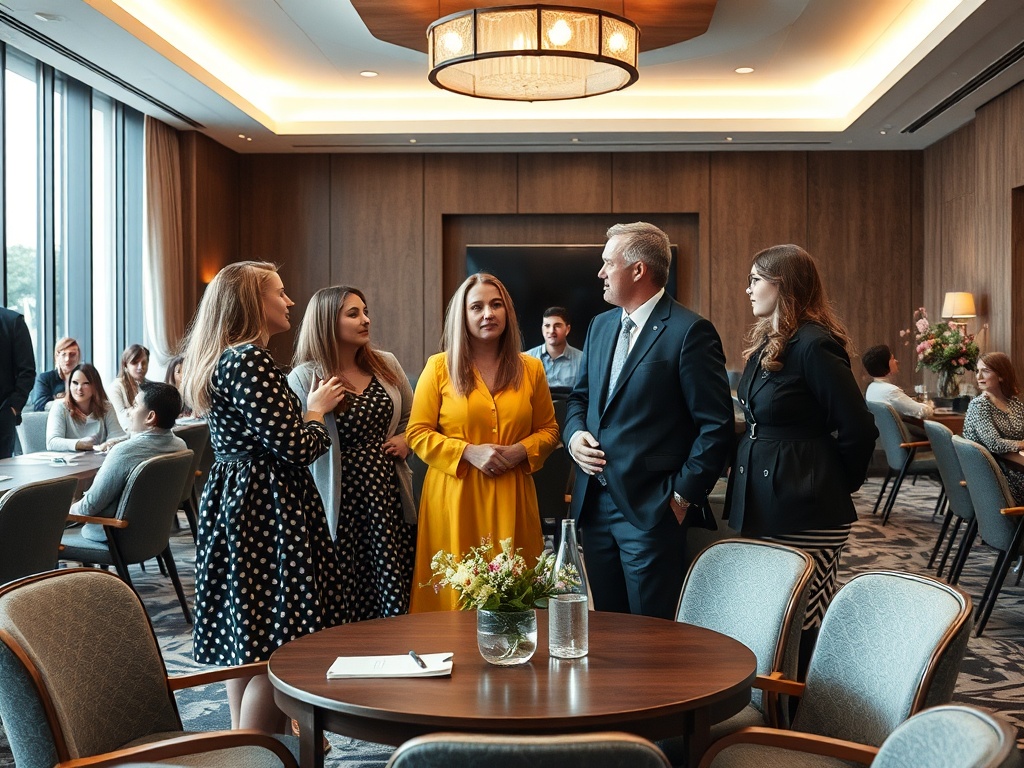 На встрече пятеро человек общаются, обсуждая идеи на фоне уютного интерьера. Люди одеты стильно.