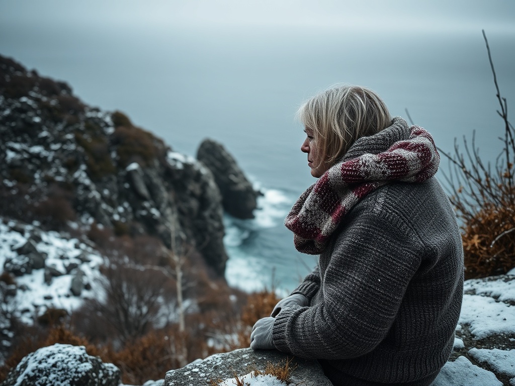Женщина смотрит на море с обрыва, окруженного снегом и скалами, в зимний пасмурный день.