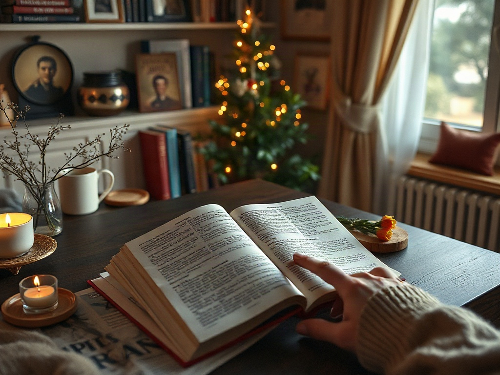 Открытая книга на столе, рядом свечи, цветы и книжная полка. За окном виден рождественский елка.